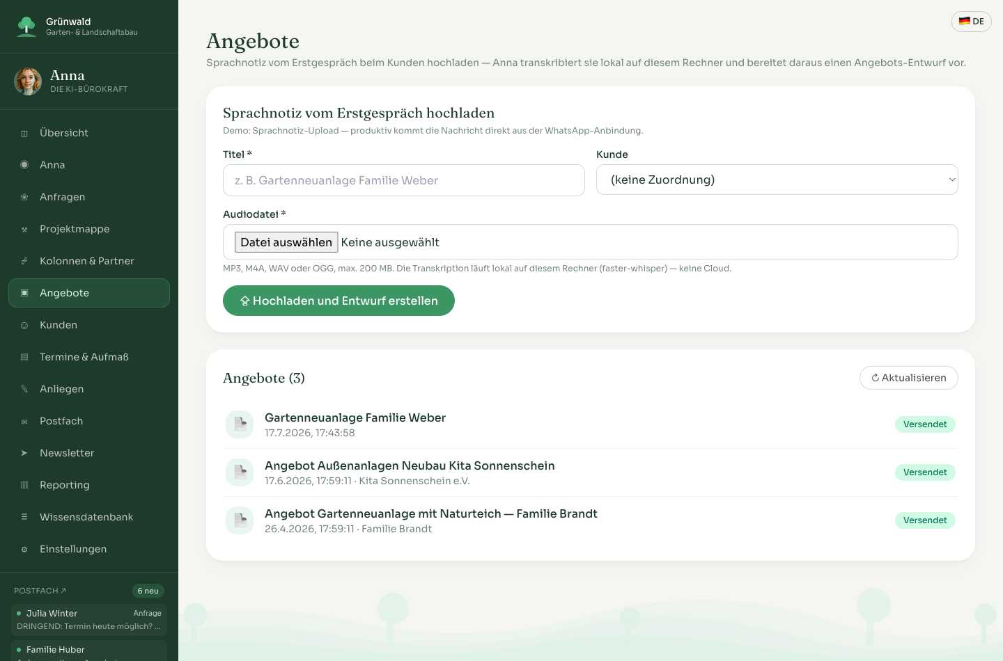Angebots-Entwurf aus einer Sprachnotiz in Anna